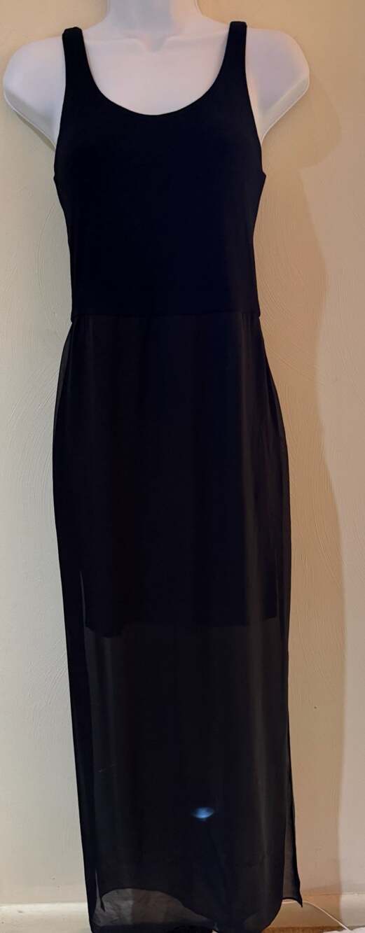 Vince Camuto Women’s XS Black Sheer Overlay Maxi Dress Scoop Neck Zip Back